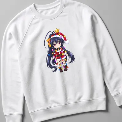 Kawaii Akeno Himejima tangled in colorful Christmas lights — printed on a unisex sweatshirt