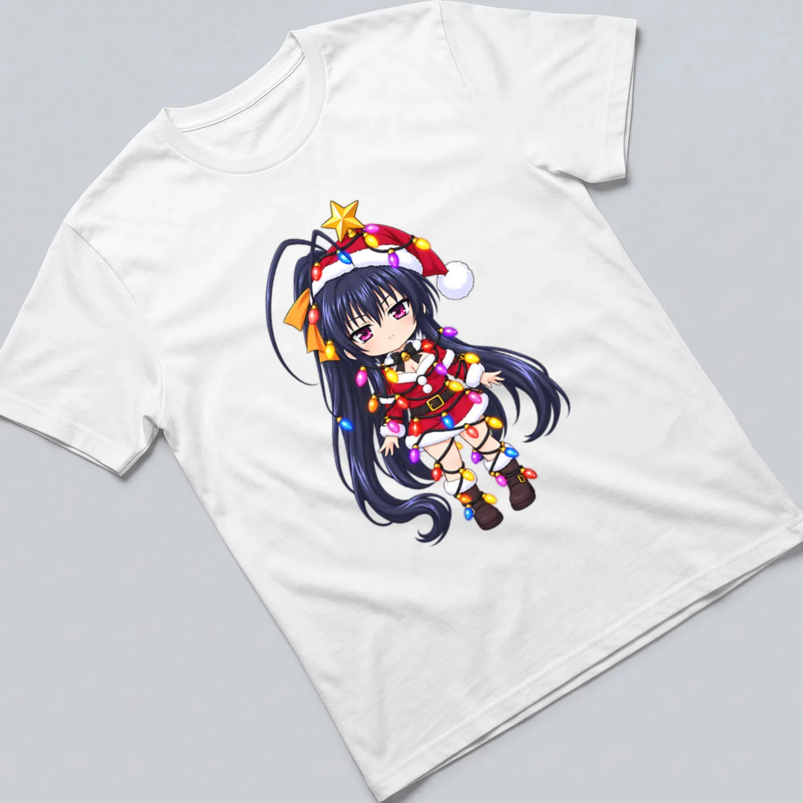 Kawaii Akeno Himejima tangled in colorful Christmas lights — printed on a unisex t-shirt