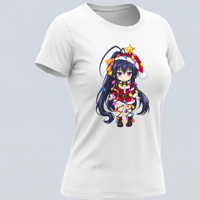 Kawaii Akeno Himejima tangled in colorful Christmas lights — printed on a women's shirt