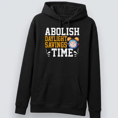 Kawaii style t-shirt featuring a cheerful alarm clock and text about abolishing daylight savings — printed on a unisex hoodie