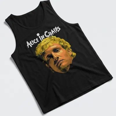 Artistic portrait featuring the iconic face and text 'ALICE IN CHAINS' in yellow and orange — printed on a tank top