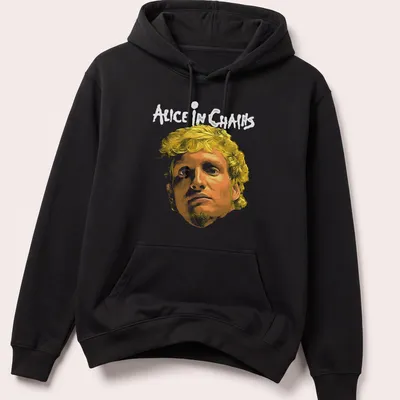 Artistic portrait featuring the iconic face and text 'ALICE IN CHAINS' in yellow and orange — printed on a unisex hoodie