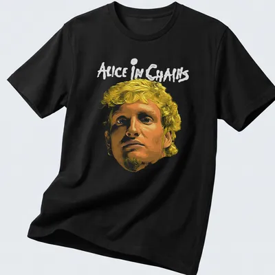 Artistic portrait featuring the iconic face and text 'ALICE IN CHAINS' in yellow and orange