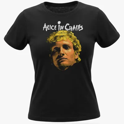 Artistic portrait featuring the iconic face and text 'ALICE IN CHAINS' in yellow and orange — printed on a women's shirt