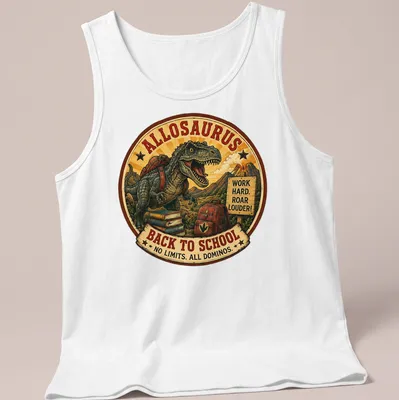 Vintage styled Allosaurus graphic with motivational text for kids — printed on a tank top