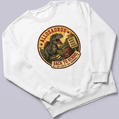 Vintage styled Allosaurus graphic with motivational text for kids — printed on a unisex sweatshirt