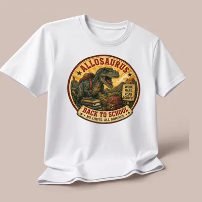 Vintage styled Allosaurus graphic with motivational text for kids — printed on a unisex t-shirt (angled view)