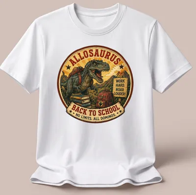 Vintage styled Allosaurus graphic with motivational text for kids