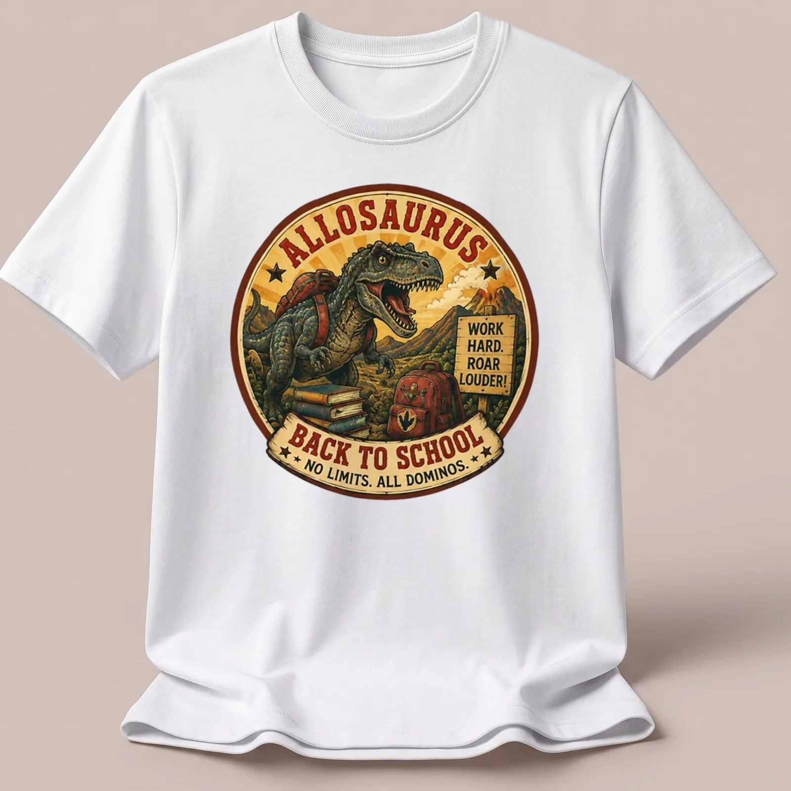 Vintage styled Allosaurus graphic with motivational text for kids — printed on a unisex t-shirt