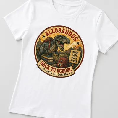 Vintage styled Allosaurus graphic with motivational text for kids — printed on a women's shirt