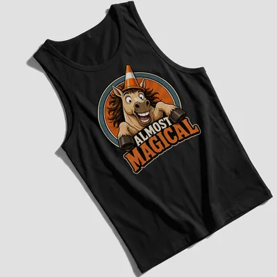 Retro badge design featuring a horse with the text 'ALMOST MAGICAL' in warm colors — printed on a tank top