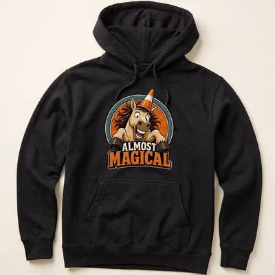 Retro badge design featuring a horse with the text 'ALMOST MAGICAL' in warm colors — printed on a unisex hoodie