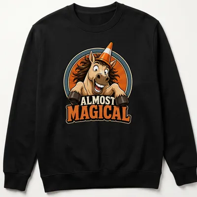 Retro badge design featuring a horse with the text 'ALMOST MAGICAL' in warm colors — printed on a unisex sweatshirt