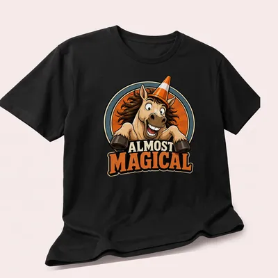Retro badge design featuring a horse with the text 'ALMOST MAGICAL' in warm colors — printed on a unisex t-shirt (angled view)