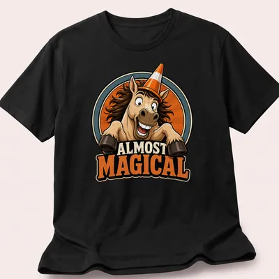 Retro badge design featuring a horse with the text 'ALMOST MAGICAL' in warm colors