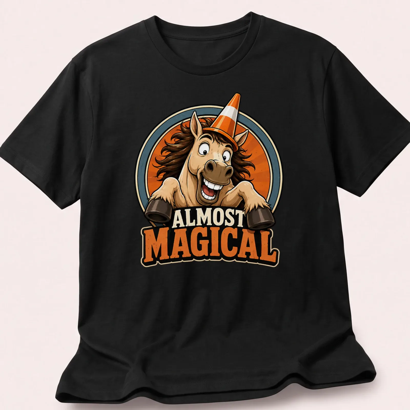 Retro badge design featuring a horse with the text 'ALMOST MAGICAL' in warm colors — printed on a unisex t-shirt
