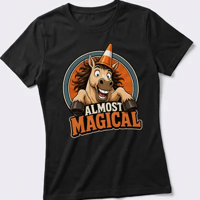 Retro badge design featuring a horse with the text 'ALMOST MAGICAL' in warm colors — printed on a women's shirt