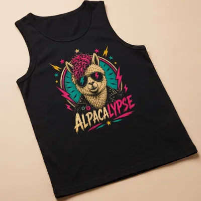 Retro alpaca graphic with humorous text on a colorful — printed on a tank top