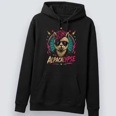 Retro alpaca graphic with humorous text on a colorful — printed on a unisex hoodie
