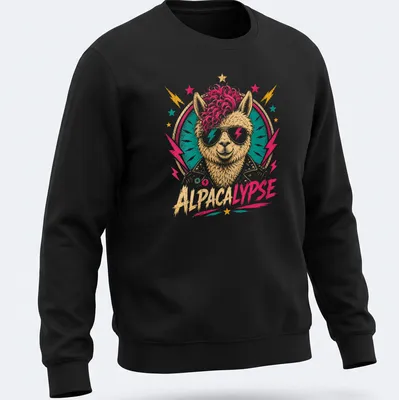 Retro alpaca graphic with humorous text on a colorful — printed on a unisex sweatshirt