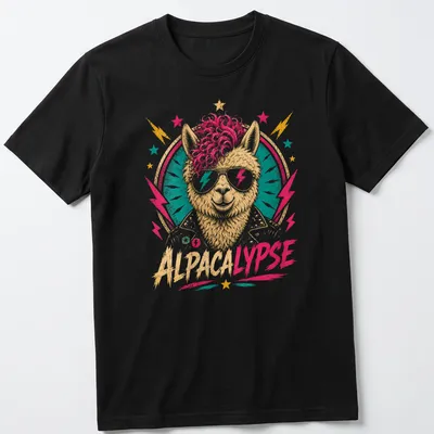 Retro alpaca graphic with humorous text on a colorful shirt