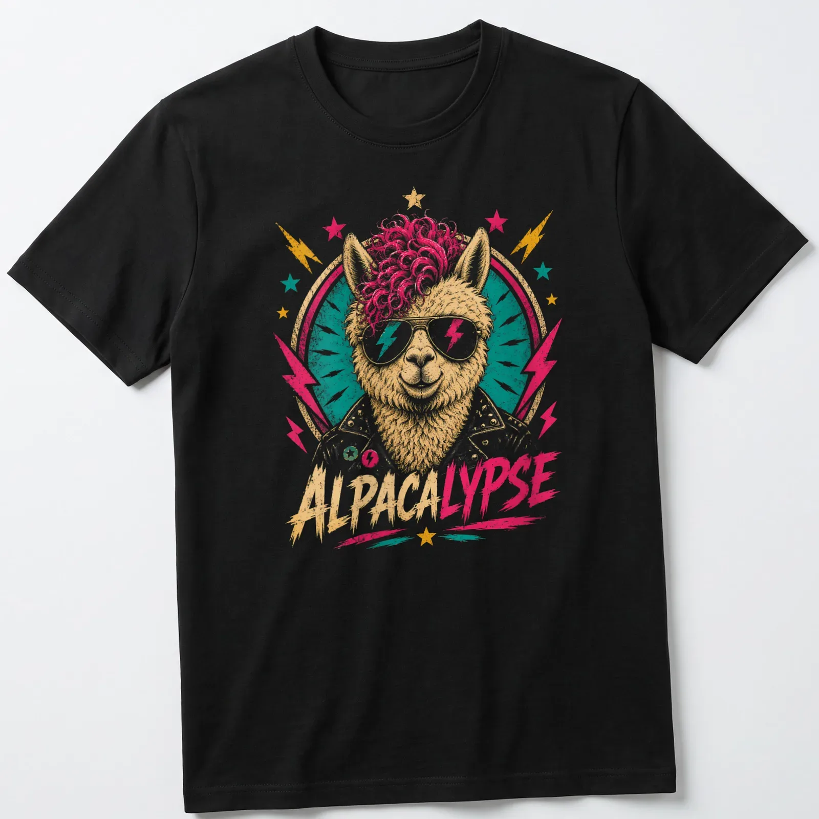 Retro alpaca graphic with humorous text on a colorful — printed on a unisex t-shirt