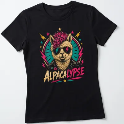 Retro alpaca graphic with humorous text on a colorful — printed on a women's shirt