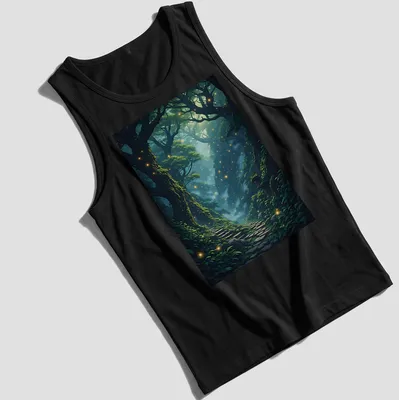 Fantasy illustration of an ancient forest in green, blue, gold, and brown tones. — printed on a tank top