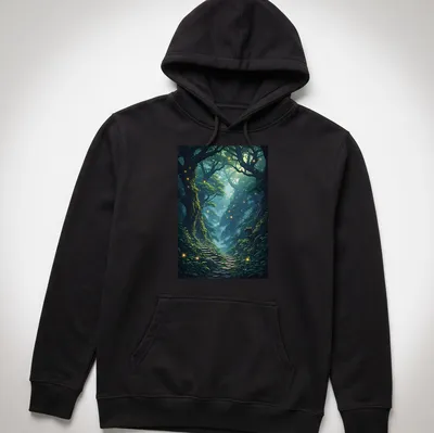 Fantasy illustration of an ancient forest in green, blue, gold, and brown tones. — printed on a unisex hoodie