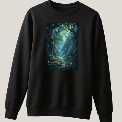 Fantasy illustration of an ancient forest in green, blue, gold, and brown tones. — printed on a unisex sweatshirt