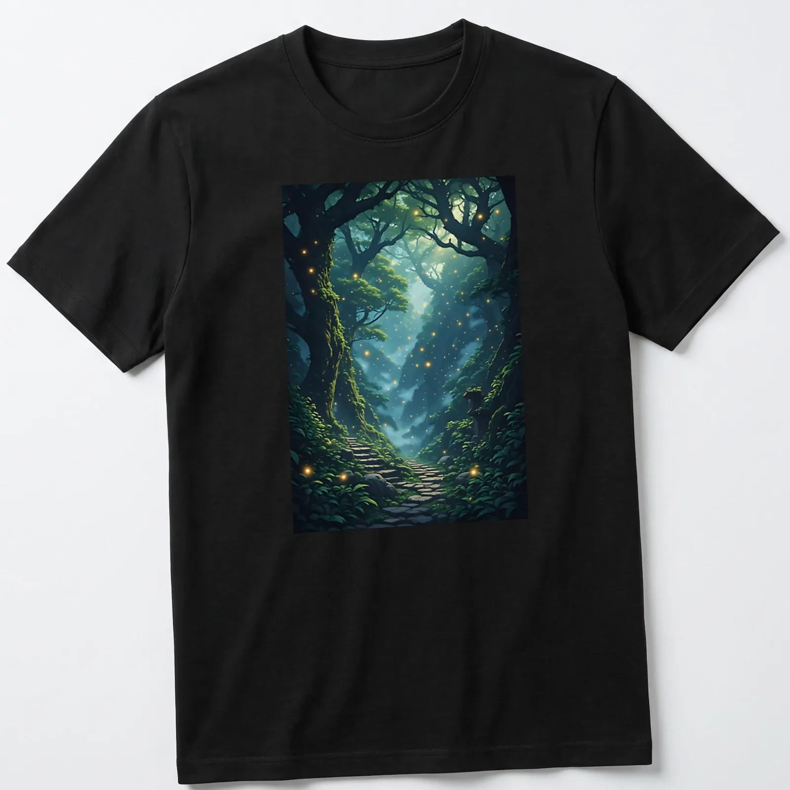 Fantasy illustration of an ancient forest in green, blue, gold, and brown tones. — printed on a unisex t-shirt