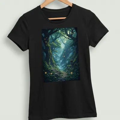 Fantasy illustration of an ancient forest in green, blue, gold, and brown tones. — printed on a women's shirt