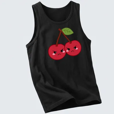 Kawaii design of grumpy cherries with frowning faces and green leaves — printed on a tank top