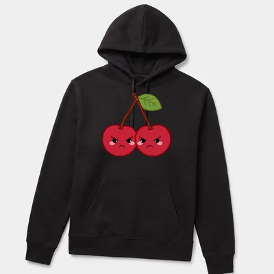 Kawaii design of grumpy cherries with frowning faces and green leaves — printed on a unisex hoodie