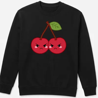 Kawaii design of grumpy cherries with frowning faces and green leaves — printed on a unisex sweatshirt