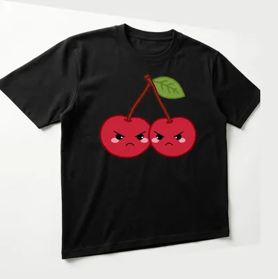 Kawaii design of grumpy cherries with frowning faces and green leaves — printed on a unisex t-shirt (angled view)