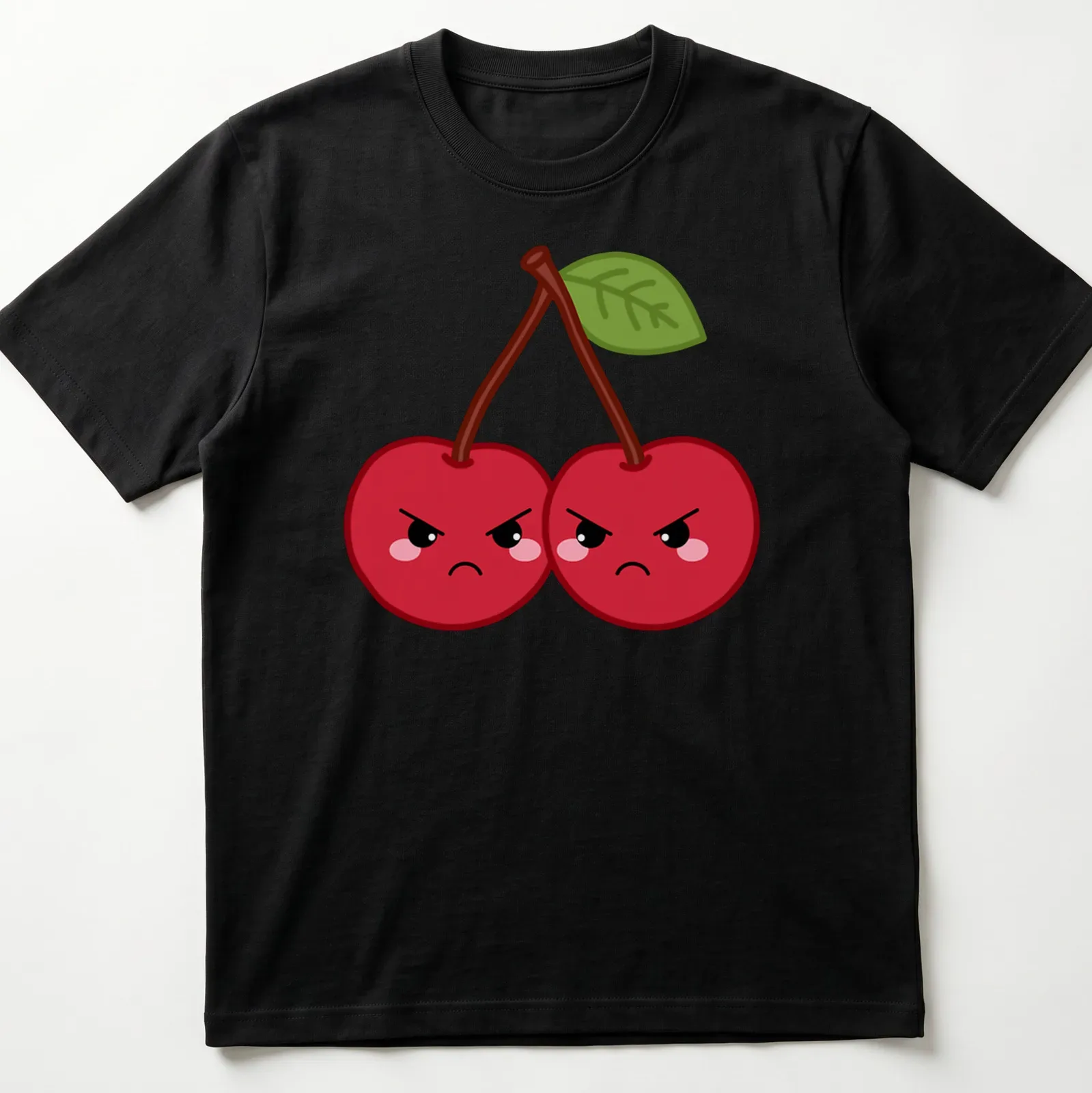Kawaii design of grumpy cherries with frowning faces and green leaves — printed on a unisex t-shirt