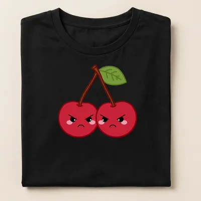 Kawaii design of grumpy cherries with frowning faces and green leaves — printed on a women's shirt