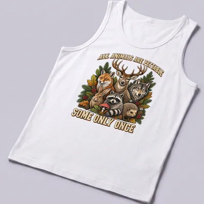 Vintage retro t-shirt with woodland animals and the text about petting them — printed on a tank top