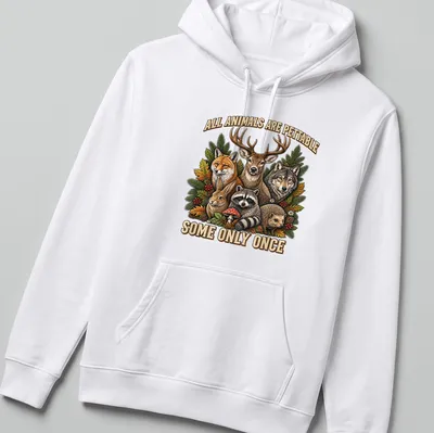 Vintage retro t-shirt with woodland animals and the text about petting them — printed on a unisex hoodie