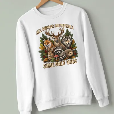 Vintage retro t-shirt with woodland animals and the text about petting them — printed on a unisex sweatshirt