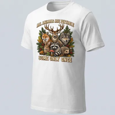 Vintage retro t-shirt with woodland animals and the text about petting them