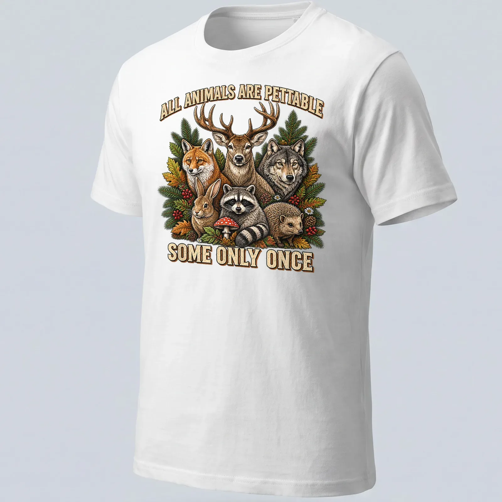 Vintage retro t-shirt with woodland animals and the text about petting them — printed on a unisex t-shirt