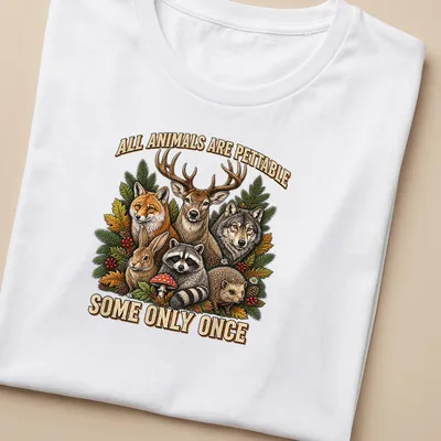 Vintage retro t-shirt with woodland animals and the text about petting them — printed on a women's shirt