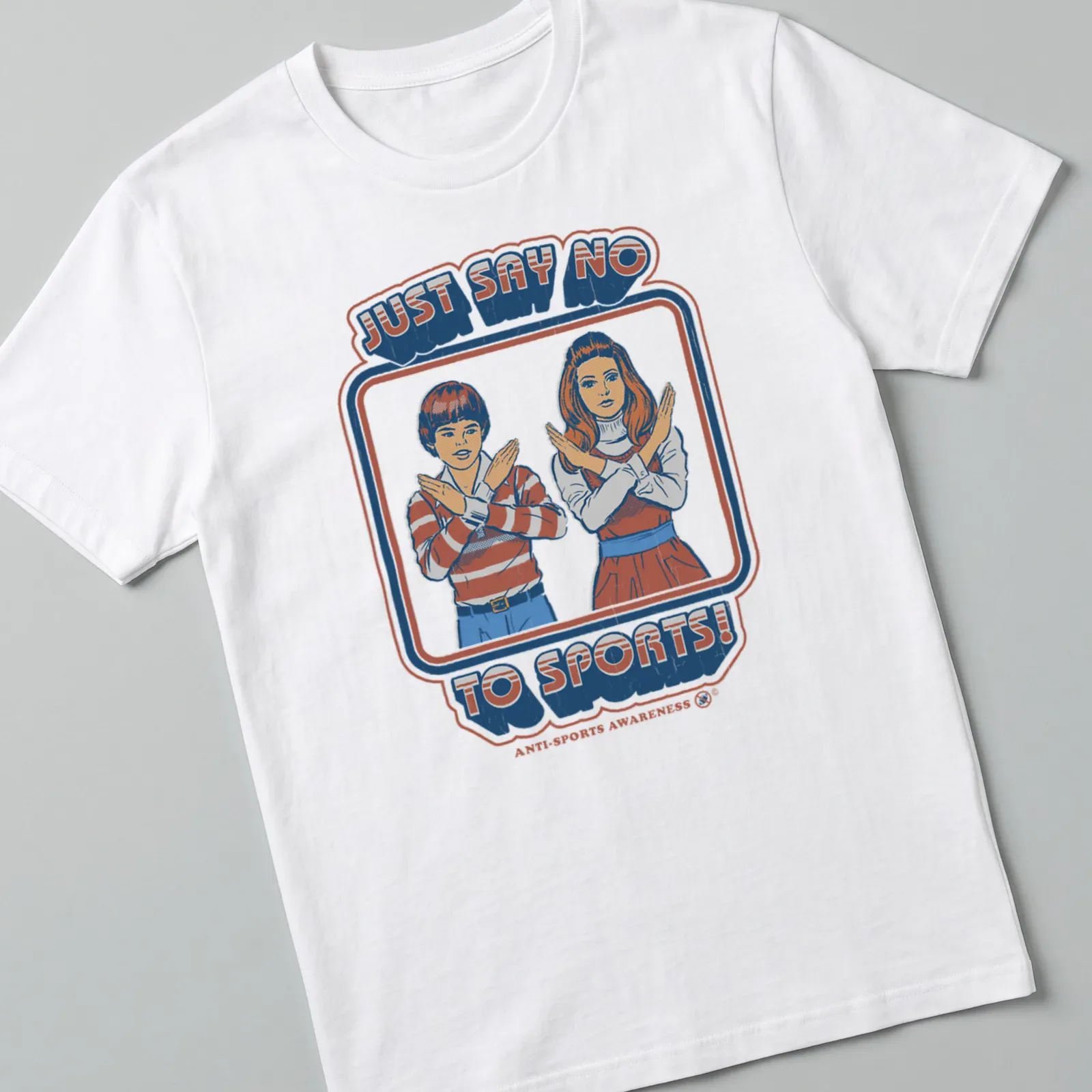 Retro vintage design with kids making an X gesture against sports text — printed on a unisex t-shirt