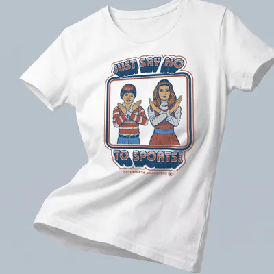 Retro vintage design with kids making an X gesture against sports text — printed on a women's shirt