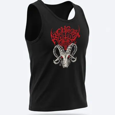 Bold Archgoat logo above a detailed goat skull illustration in red, cream, and black. — printed on a tank top