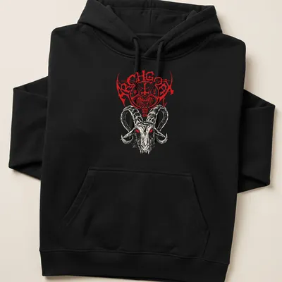 Bold Archgoat logo above a detailed goat skull illustration in red, cream, and black. — printed on a unisex hoodie