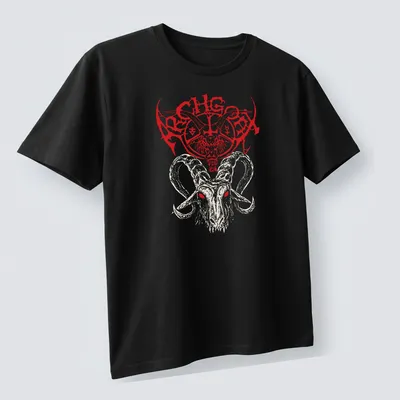 Bold Archgoat logo above a detailed goat skull illustration in red, cream, and black. — printed on a unisex t-shirt (angled view)