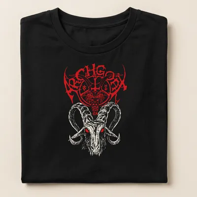 Bold Archgoat logo above a detailed goat skull illustration in red, cream, and black. — printed on a women's shirt